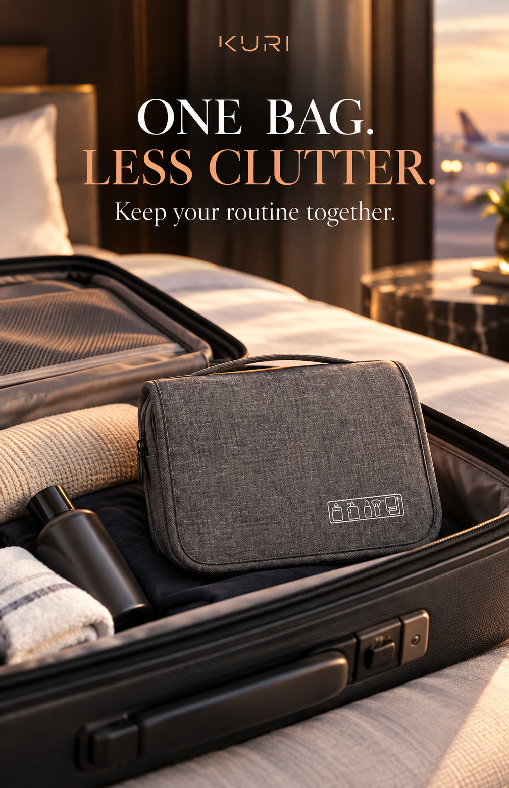 Grey hanging travel toiletry bag packed inside an open suitcase
