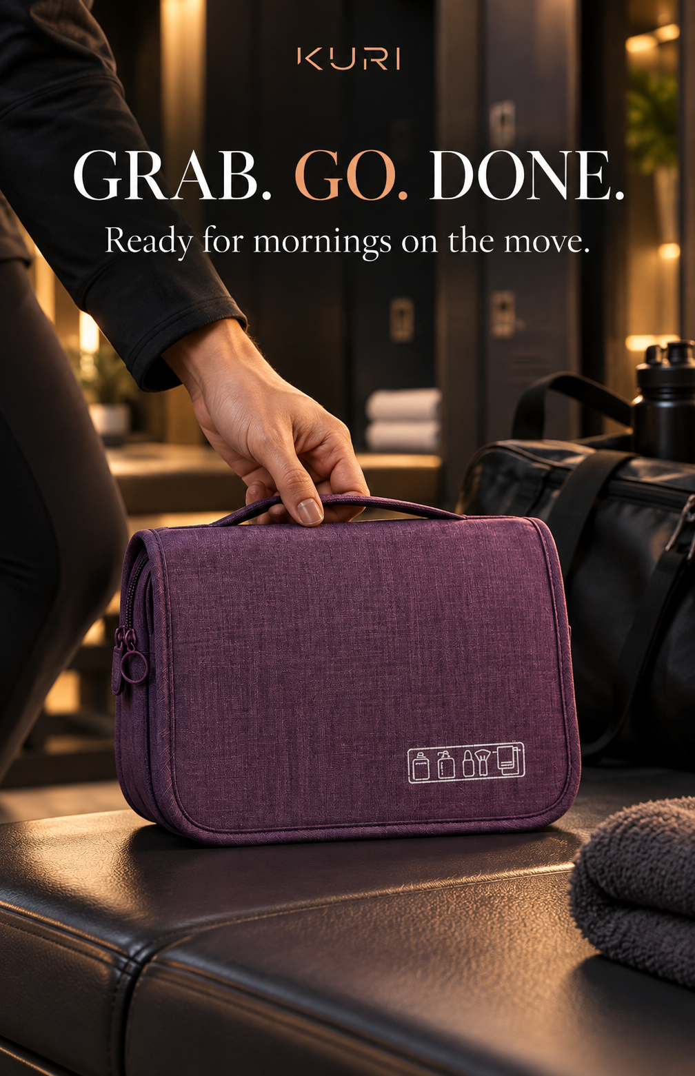 Purple hanging toiletry bag folded closed and carried by its top handle