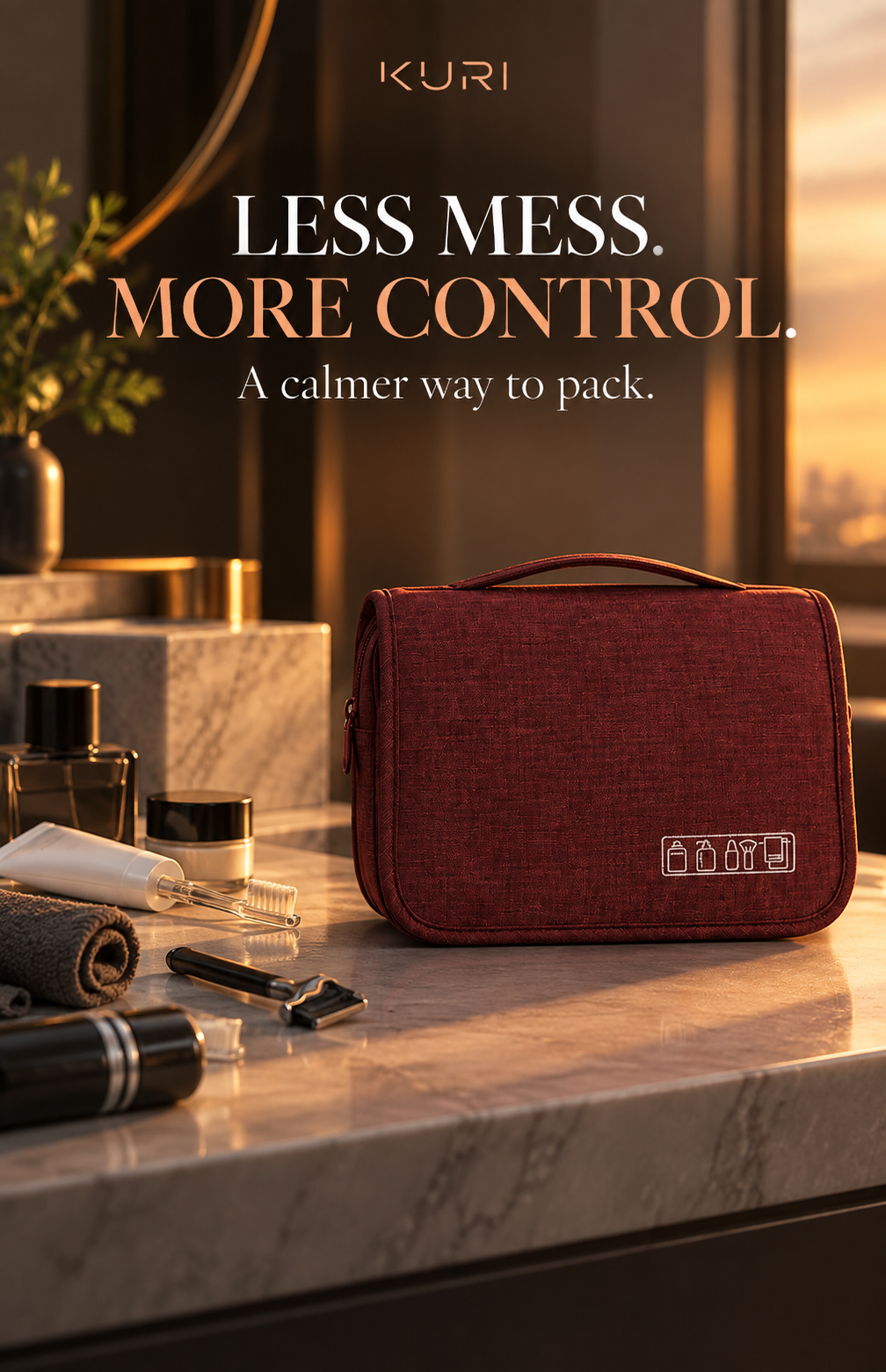 Wine red hanging travel toiletry bag folded closed on a bathroom counter